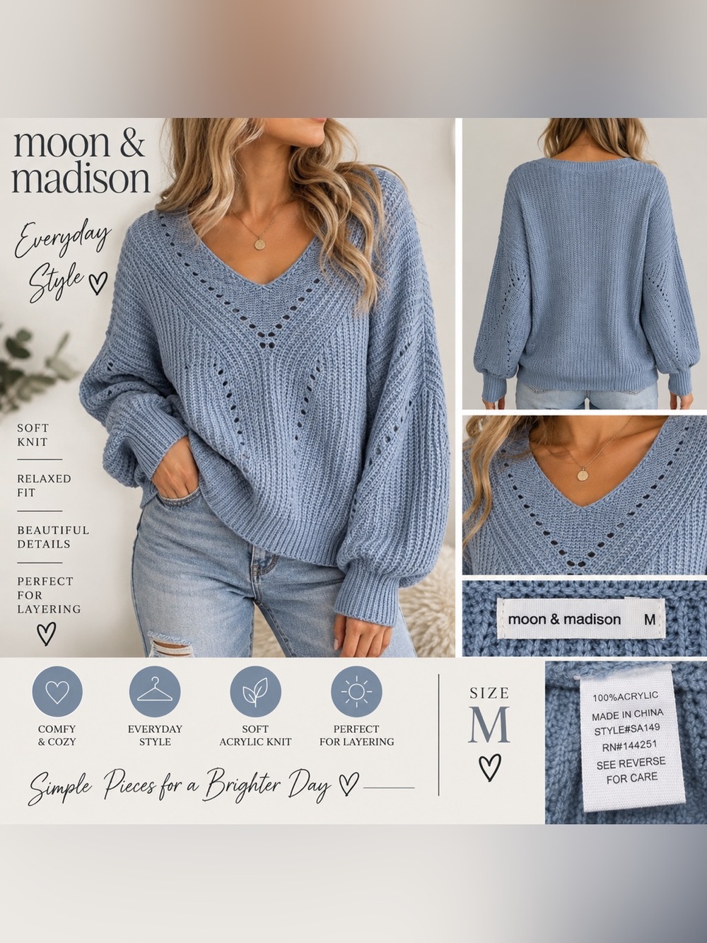 moon & madison Dusty Blue V‑Neck Balloon Sleeve Sweater